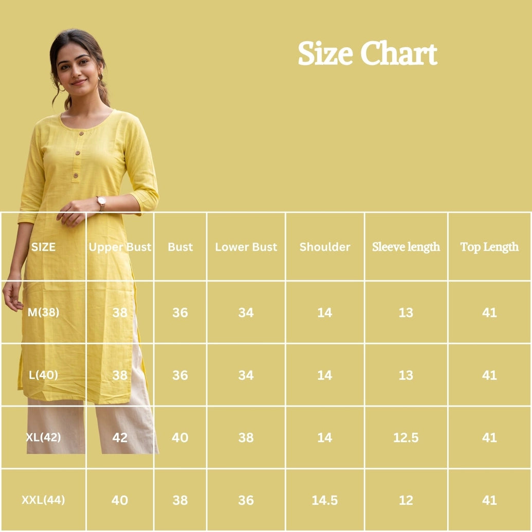 Two-Tone Plain Round Neck Kurti with Front Buttons and 3/4 Sleeves for Women - Lime Yellow