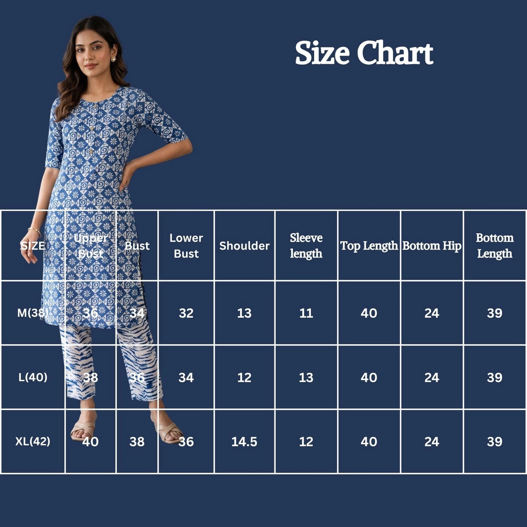 Indigo Blue Rayon Printed Kurti with Pant Set, V-Neck & Button Detail, All-Over Floral Swirl Pattern