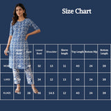 Indigo Blue Rayon Printed Kurti with Pant Set, V-Neck & Button Detail, All-Over Floral Swirl Pattern