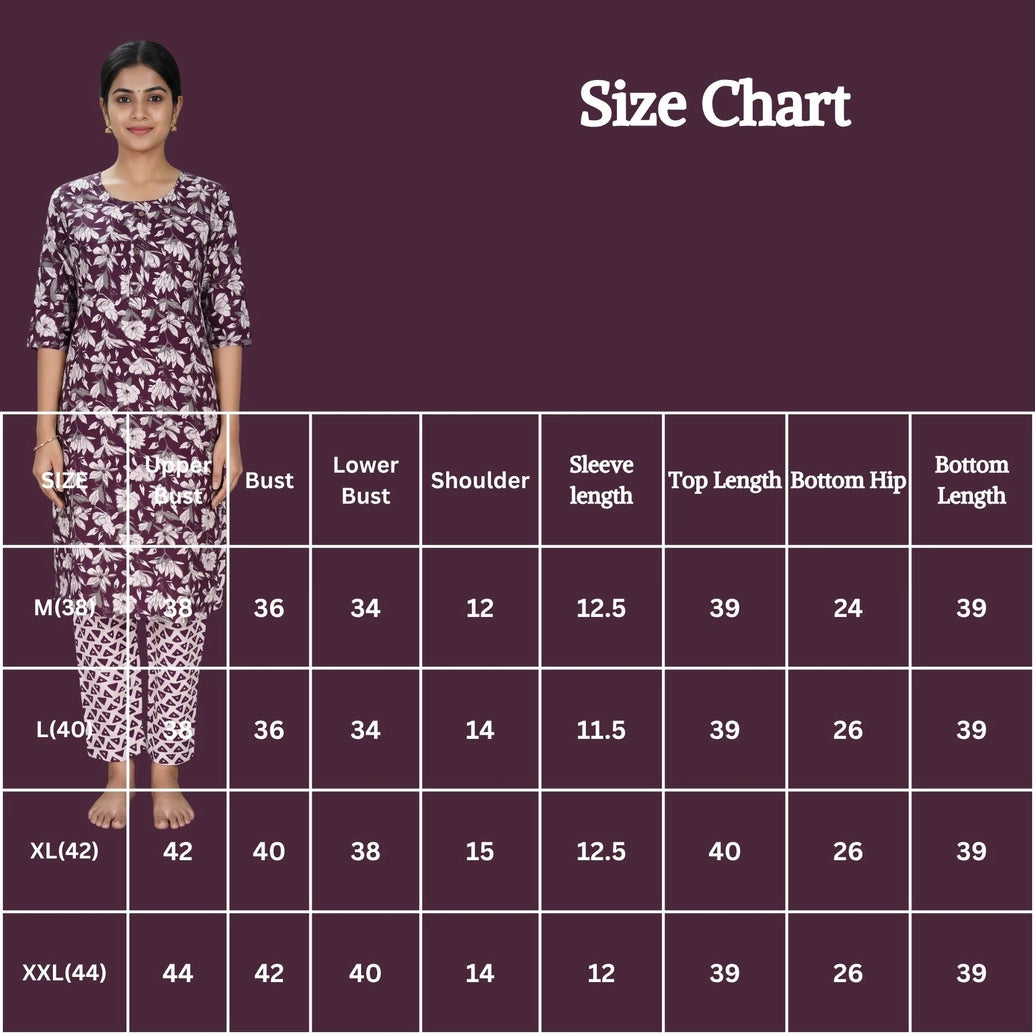 Purple Floral Rayon Kurti with Elastic Pant 2-Piece Set for Women | Round Neck Button Placket 3/4 Sleeves