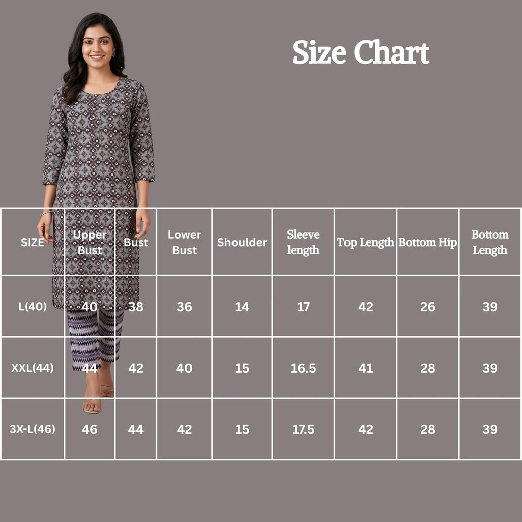 Grey Rayon Kurti Pant Set with Geometric Foil Print, Round Neck 3/4 Sleeves and Elastic Waist