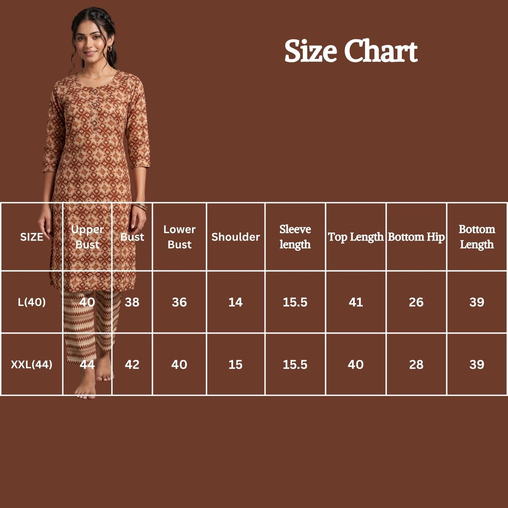 Rust Orange Rayon Kurti Set with Elastic Pant, Geometric Diamond Foil Print, Round Neck, 3/4 Sleeves
