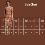 Rust Orange Rayon Kurti Set with Elastic Pant, Geometric Diamond Foil Print, Round Neck, 3/4 Sleeves