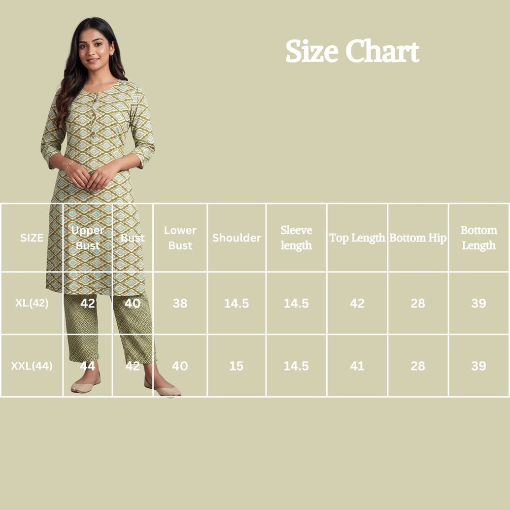 Green Rayon Kurti & Pant 2-Piece Set with Geometric Diamond Foil Print, Round Neck, 3/4 Sleeves