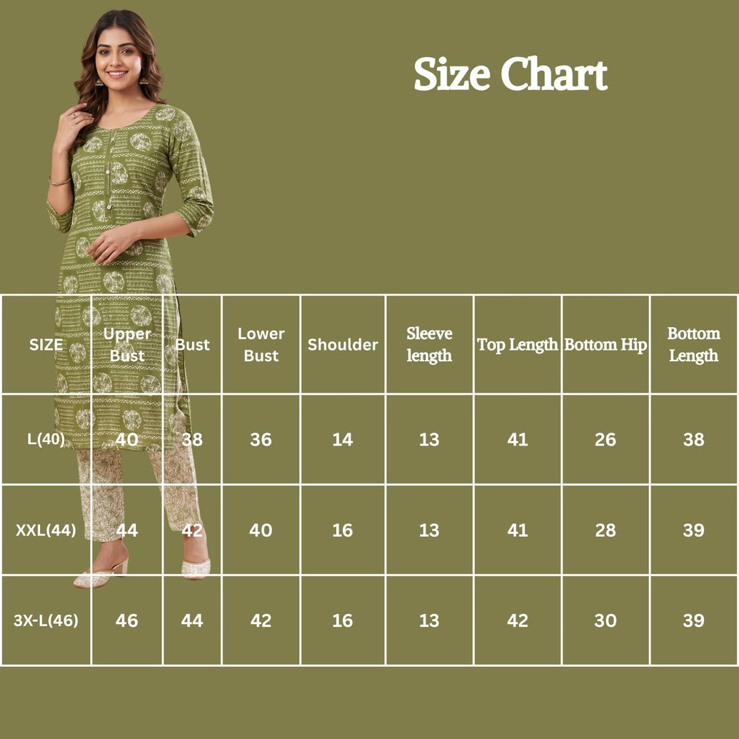 Olive Green Rayon 2-Piece Kurti Set with Elastic Pant, Round Neck 3/4 Sleeves