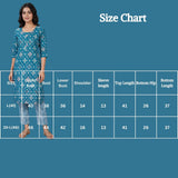 Teal Blue Rayon 2-Piece Kurti with Elastic Pant, Geometric Foil Print, Round Neck, 3/4 Sleeves