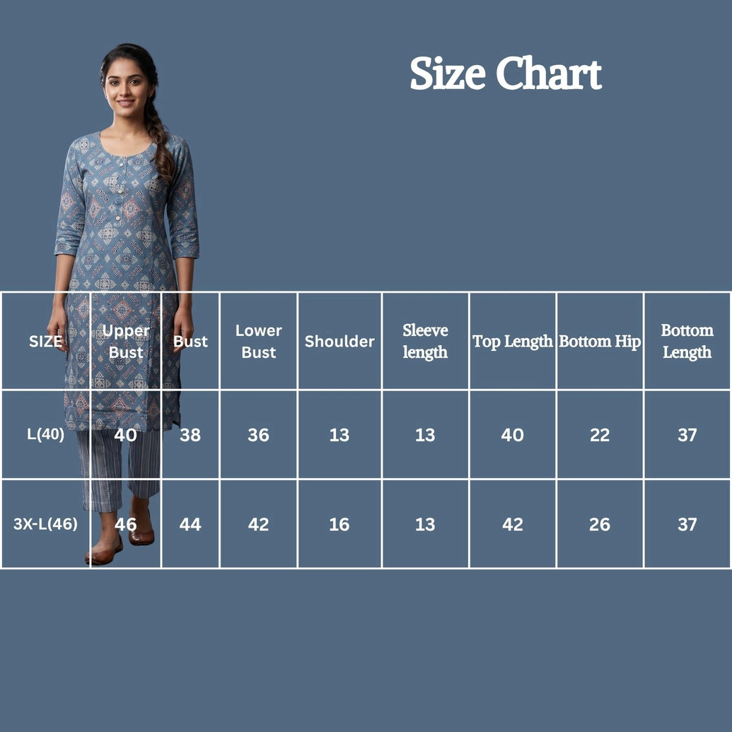 Slate Blue Rayon 2-Piece Kurti with Elastic Pant, Geometric All-Over Print, Round Neck & 3/4 Sleeves