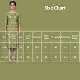 Olive Green Rayon 2-Piece Kurti Set with Elastic Pant, Geometric Foil Print, Round Neck, 3/4 Sleeves