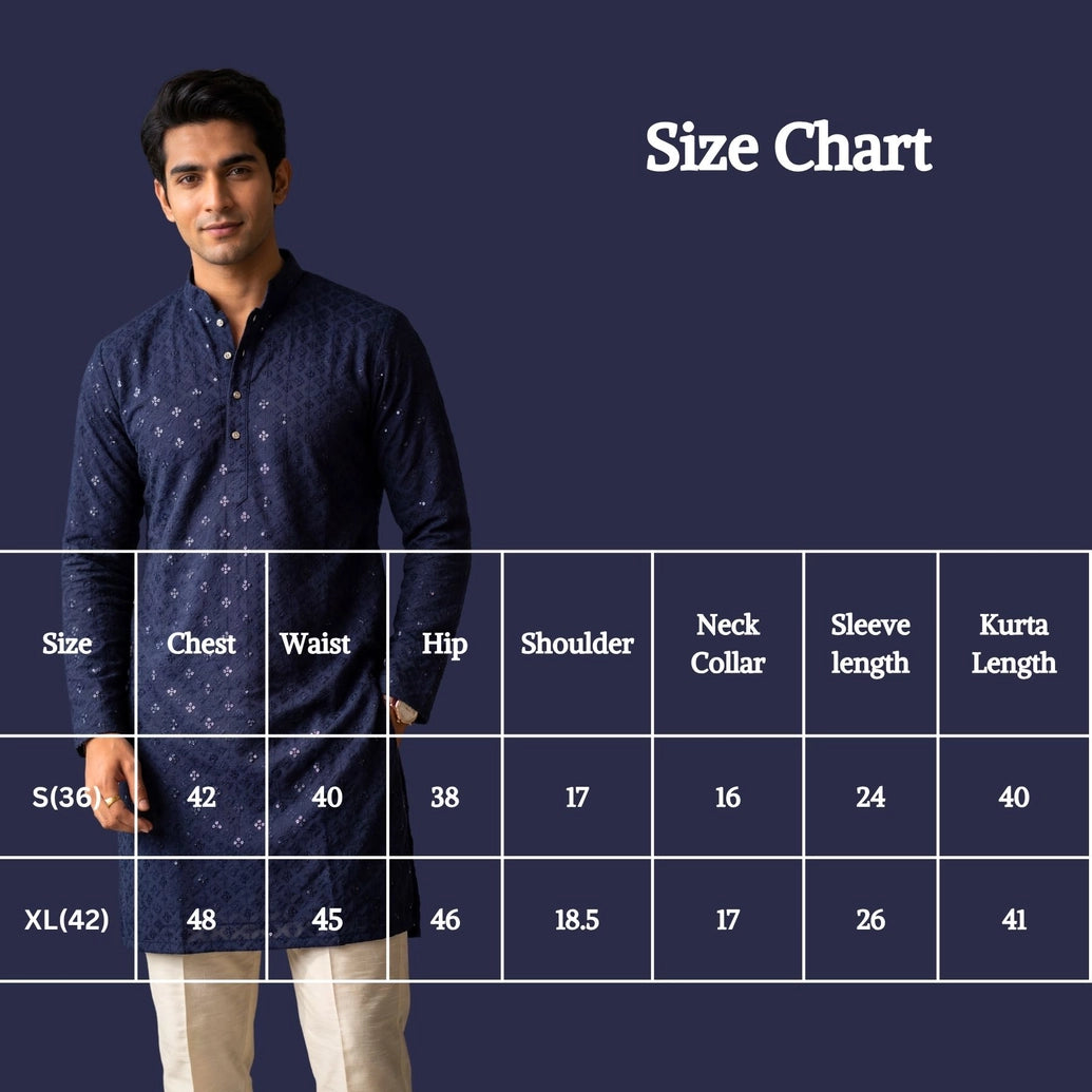 Men’s Navy Blue Lakhnavi Kurta with Sequined Motif Work, Mandarin Collar, Regular Fit