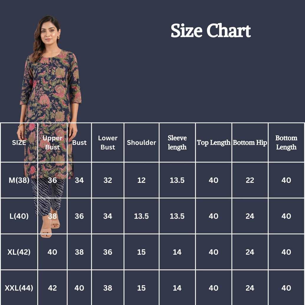 Navy Blue Rayon Floral Print Kurti with Elastic Pant 2-Piece Set for Women