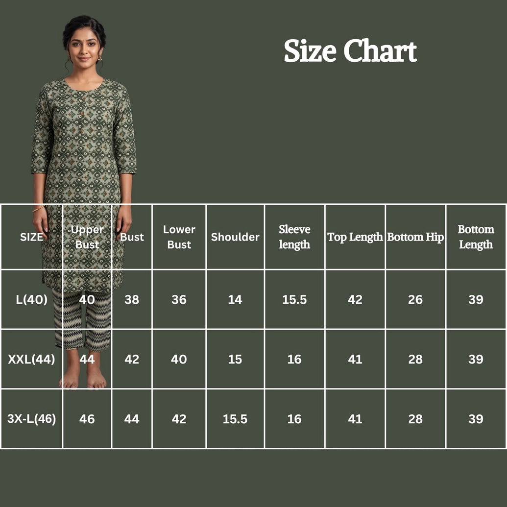 Rama Green Rayon Kurti Pant 2-Piece Set with All-Over Geometric Print & Elastic Waist