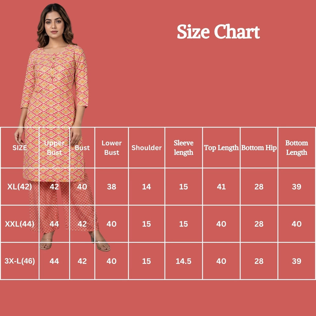 Pink Rayon Geometric Print Kurti Pant 2-Piece Set with Elastic for Women, 3/4 Sleeves