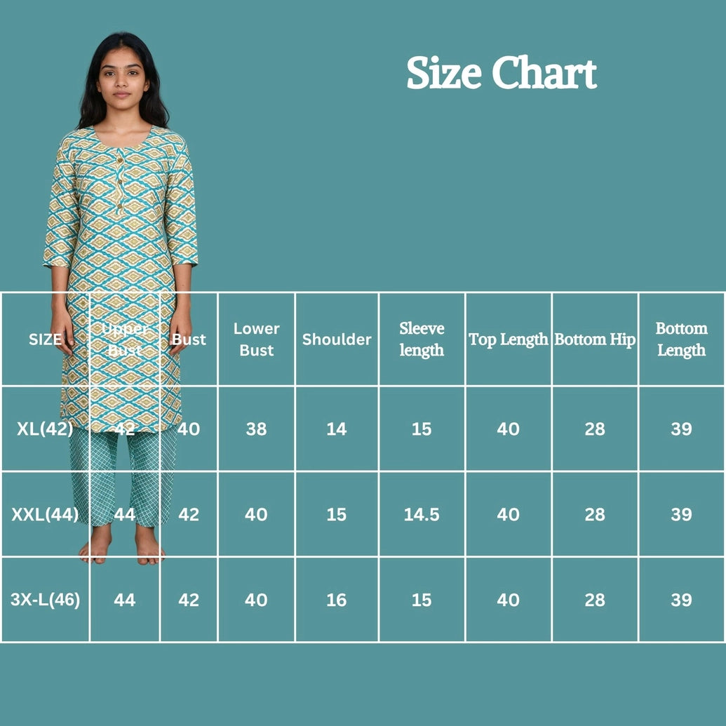 Sky Blue Rayon 2-Piece Kurti Set with Elastic Pant, Capsule Foil Geometric Print, Round Neck 3/4 Sleeve