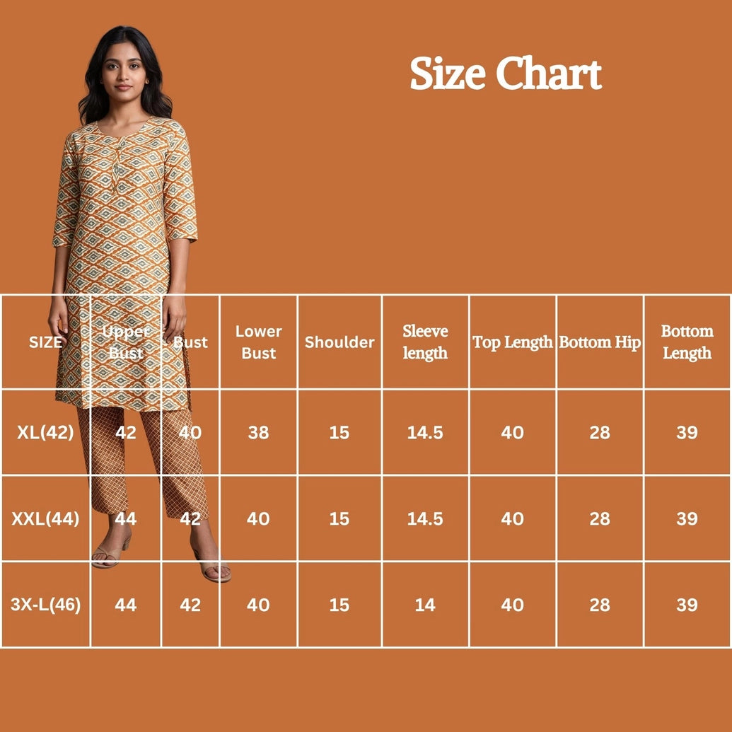 Orange Rayon 2-Piece Kurti Set with Elastic Pant, Geometric Capsule Print