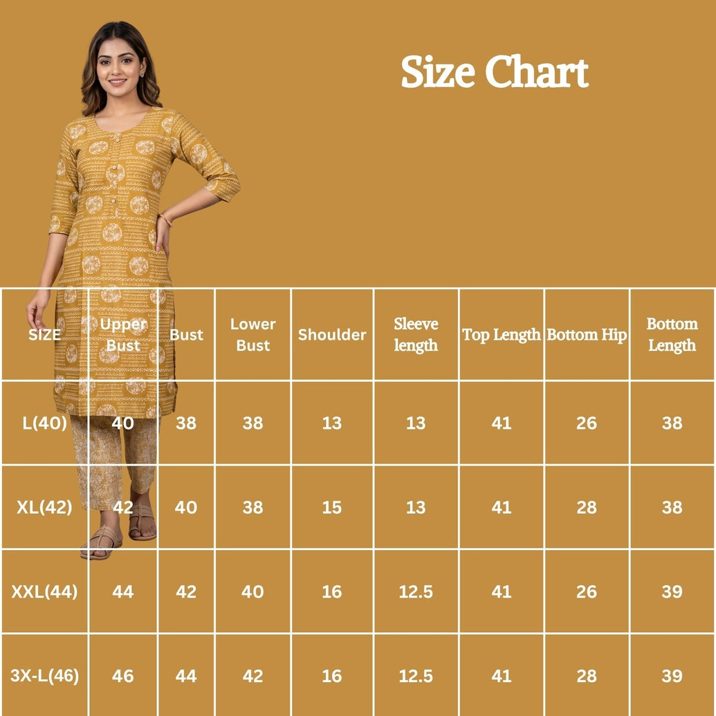 Mustard Yellow Rayon 2-Piece Kurti Set with Printed Elastic Pant, Round Neck 3/4 Sleeves
