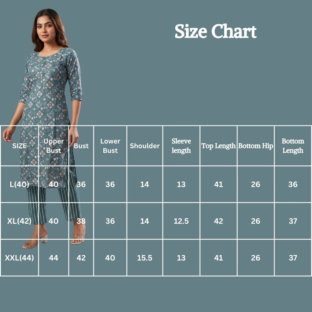 Indigo Blue Rayon 2-Piece Kurti with Elastic Pant, Geometric-Floral Foil Print, Round Neck & 3/4 Sleeves