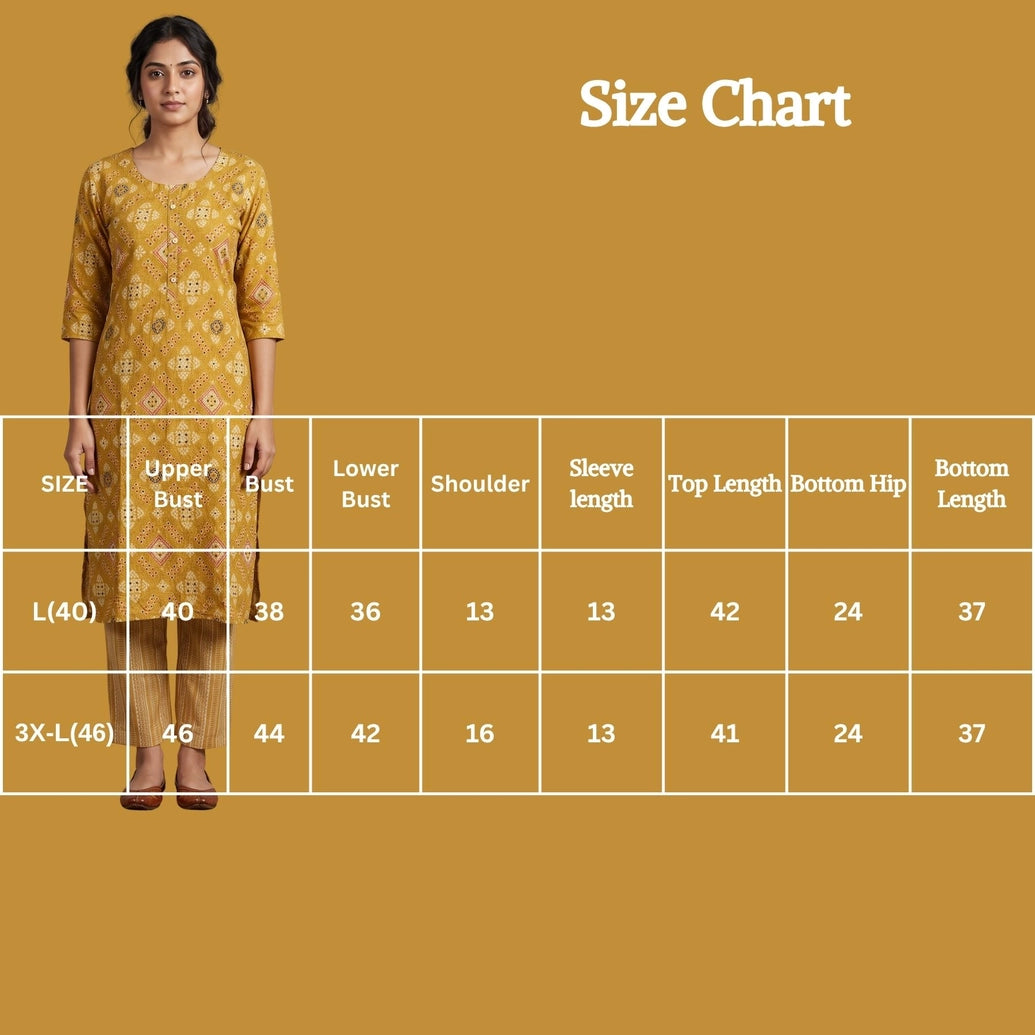Mustard Yellow Rayon 2-Piece Kurti Set with Elastic Waist Pant & Geometric Print, 3/4 Sleeves