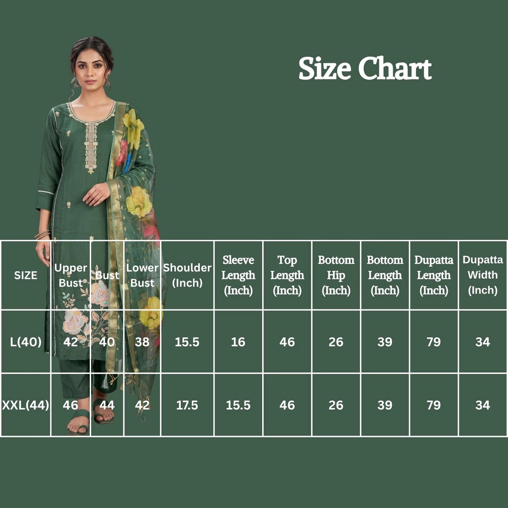 Deep Bottle Green Roman Silk 3-Piece Kurti Set with Elastic Pant and Digital Jacquard Dupatta