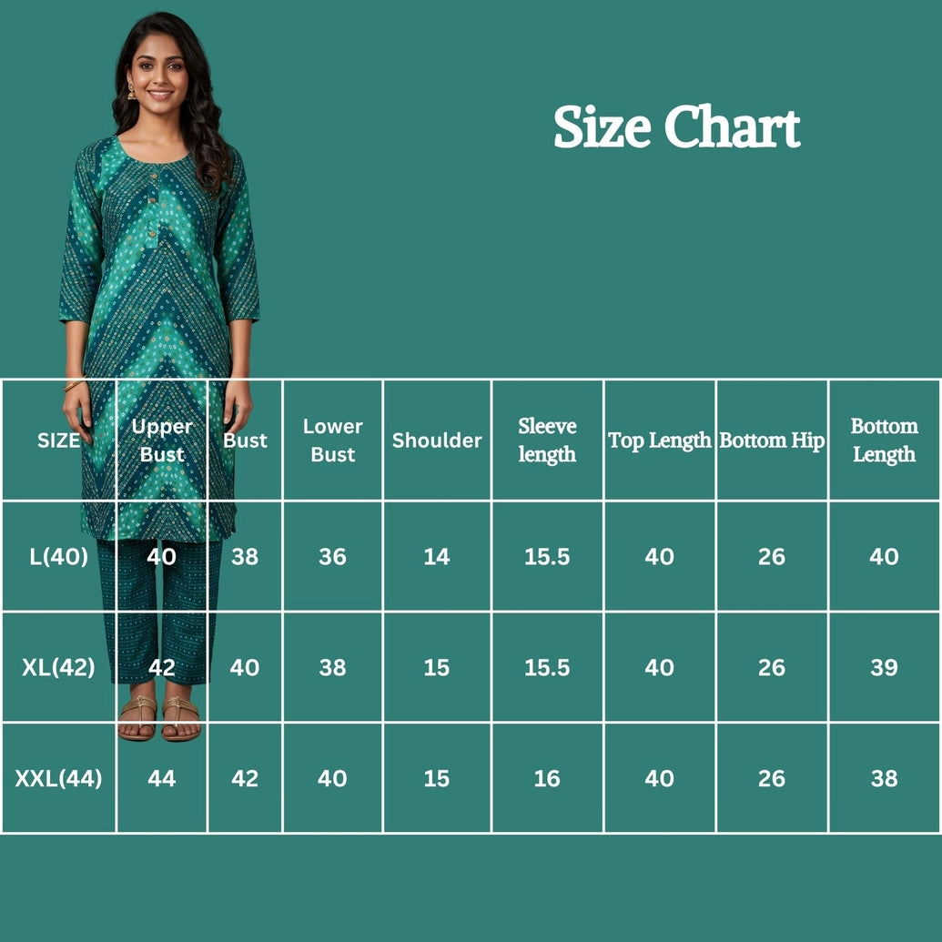 Women’s Green Rayon Kurti Set with Printed Pattern & Elastic Pant, Geometric Capsule Foil Print