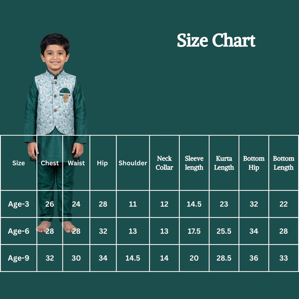 Boys Aqua Green Koti Kurta Set with Printed Sleeveless Waistcoat, Cotton 3-Piece Ethnic Outfit