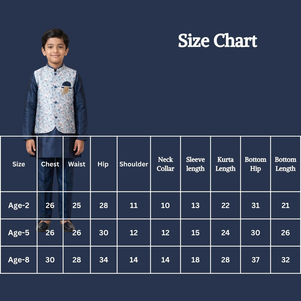 Boys Teal Blue 3-Piece Koti Kurta Set with Printed Sleeveless Koti, Long Kurta and Matching Pants