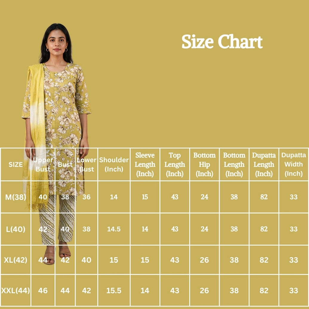 Olive Yellow Cotton Floral Kurti Set with Elastic Pant and Matching Dupatta for Women