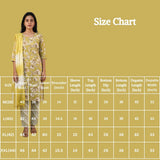Olive Yellow Cotton Floral Kurti Set with Elastic Pant and Matching Dupatta for Women