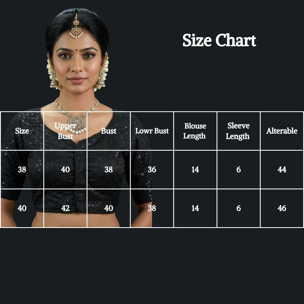 Black Readymade Designer Padded Blouse with Brocade Sequin Work, Elbow Sleeve & Back Knot