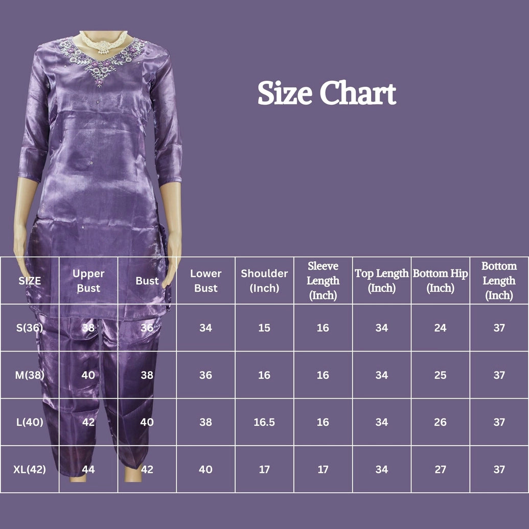 Purple Rayon Silk Embroidered Kurti 2-Piece Set with Elastic Pants V-Neck