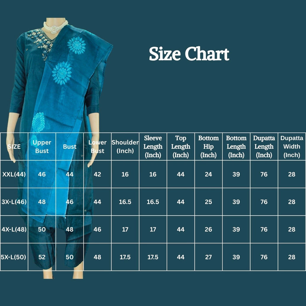 Navy Blue Silk 3-Piece Pakistani Salwar Set with Embroidered V-Neck Kurti, Elastic Pants & Organza Dupatta