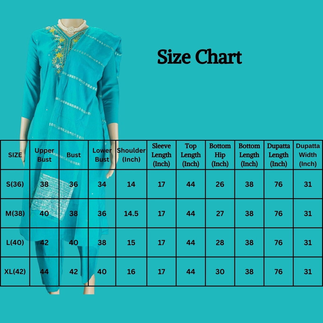Teal Blue Roman Silk 3-Piece Kurta Set with Embroidered V-Neck and Dupatta