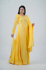 Chic Georgette Long Gown with Sequin Embellishments in Yellow
