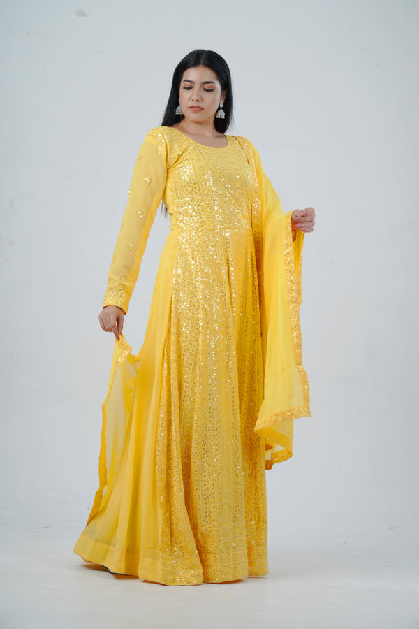 Chic Georgette Long Gown with Sequin Embellishments in Yellow
