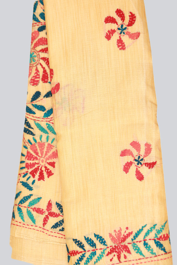 Semi Tusser Silk Hand Kantha Stitch Saree