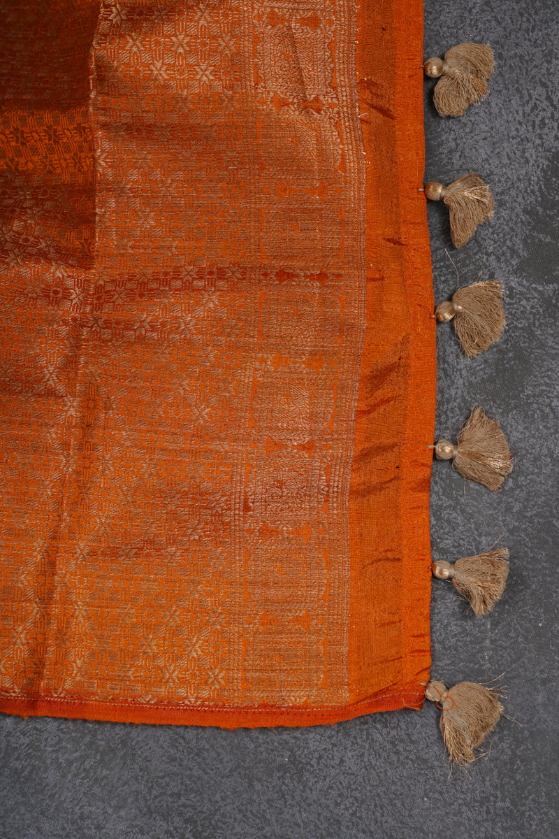 Beige Color Chanderi Silk Saree With Contrast Orange Color Blouse