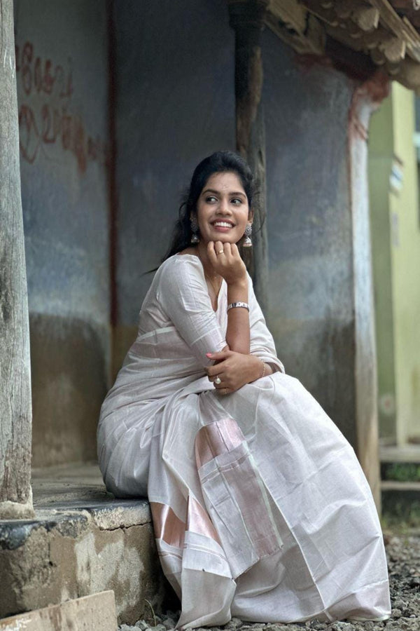 Elegant Kerala Saree, Onam Saree with Rose gold Zari Border