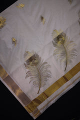 Chic Peacock Feather Motif Kerala Cotton Saree with Zari Border