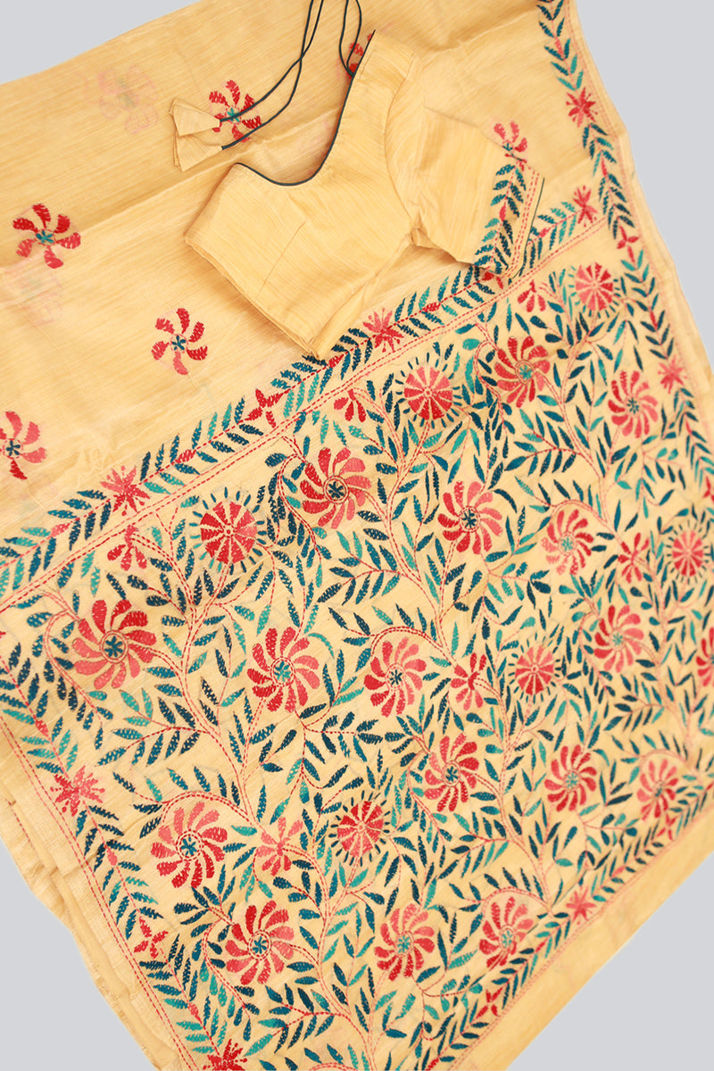 Semi Tusser Silk Hand Kantha Stitch Saree