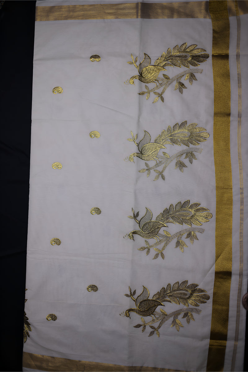 Elegant Kerala Kasavu Cotton Saree with Peacock Motifs and Gold Zari Border