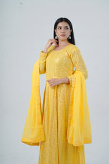 Chic Georgette Long Gown with Sequin Embellishments in Yellow