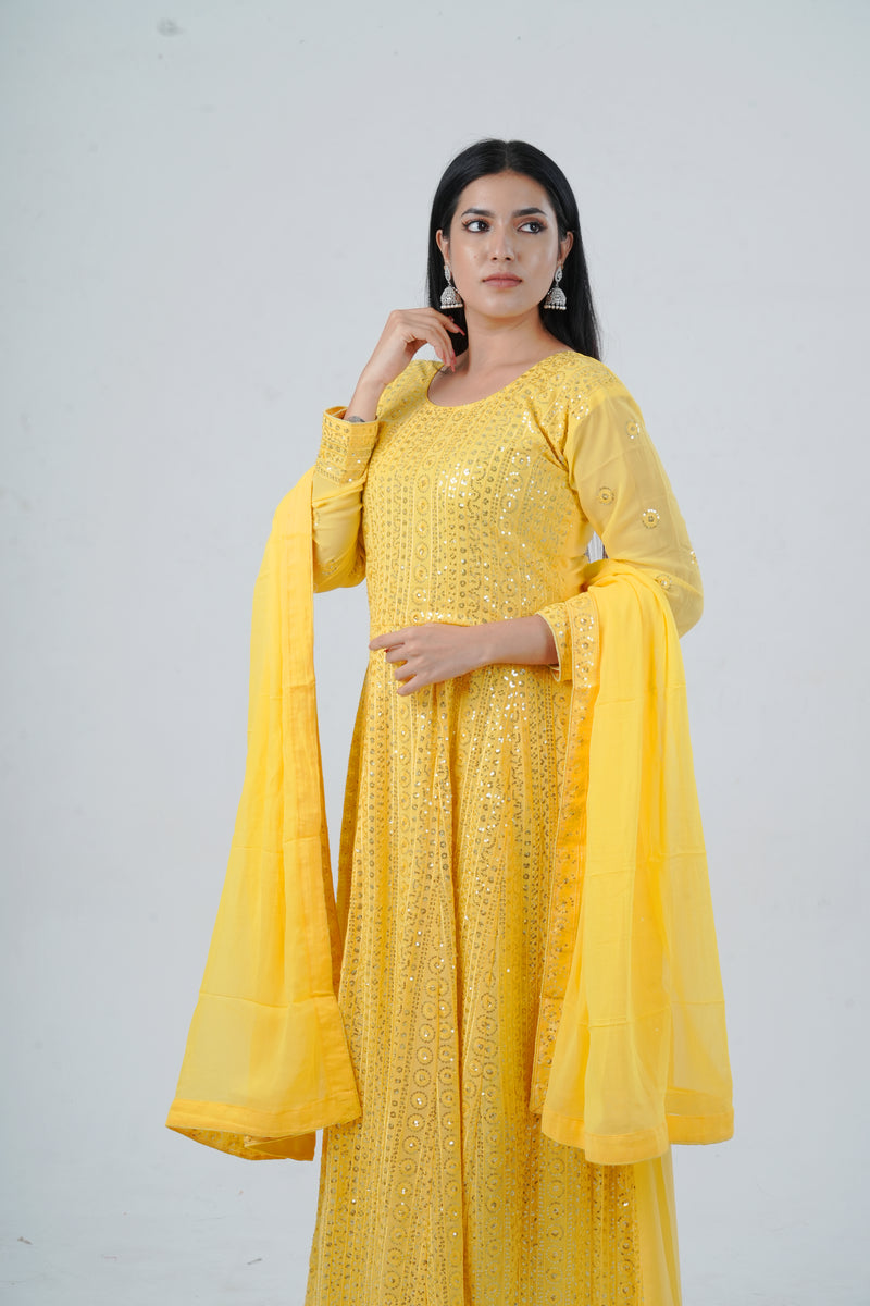 Chic Georgette Long Gown with Sequin Embellishments in Yellow