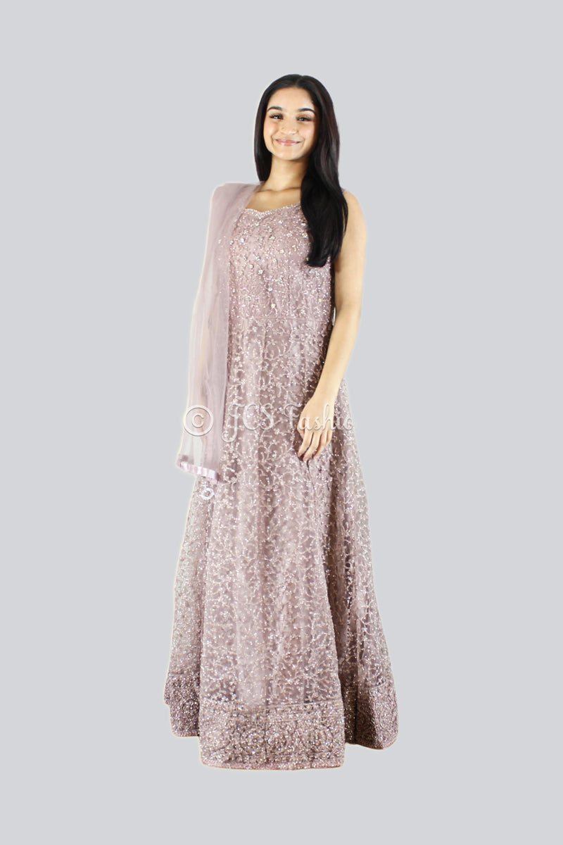 Designer A-Line Long Gown With Intricate Embroidery And Stone Work