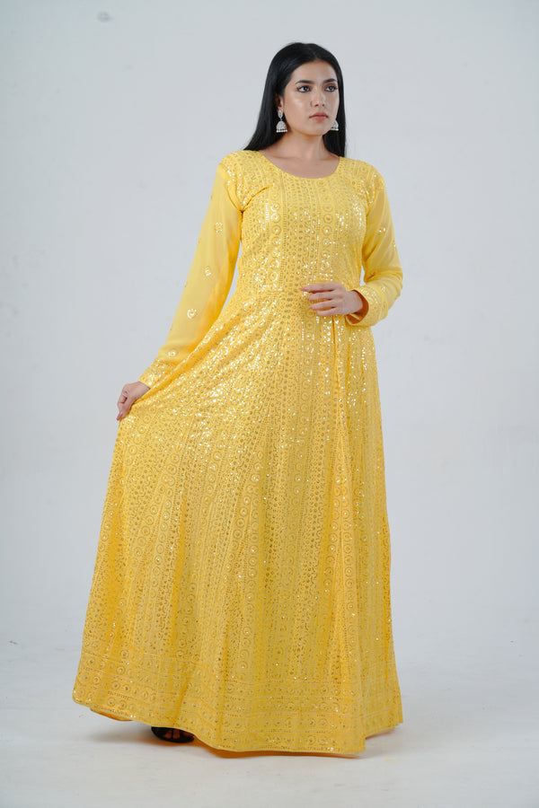 Chic Georgette Long Gown with Sequin Embellishments in Yellow