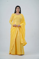 Chic Georgette Long Gown with Sequin Embellishments in Yellow