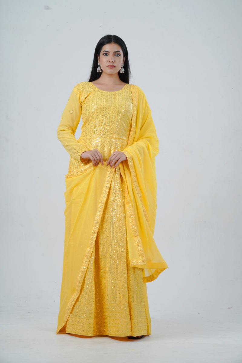 Chic Georgette Long Gown with Sequin Embellishments in Yellow