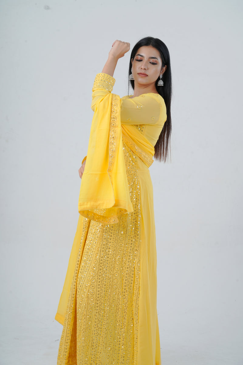 Chic Georgette Long Gown with Sequin Embellishments in Yellow