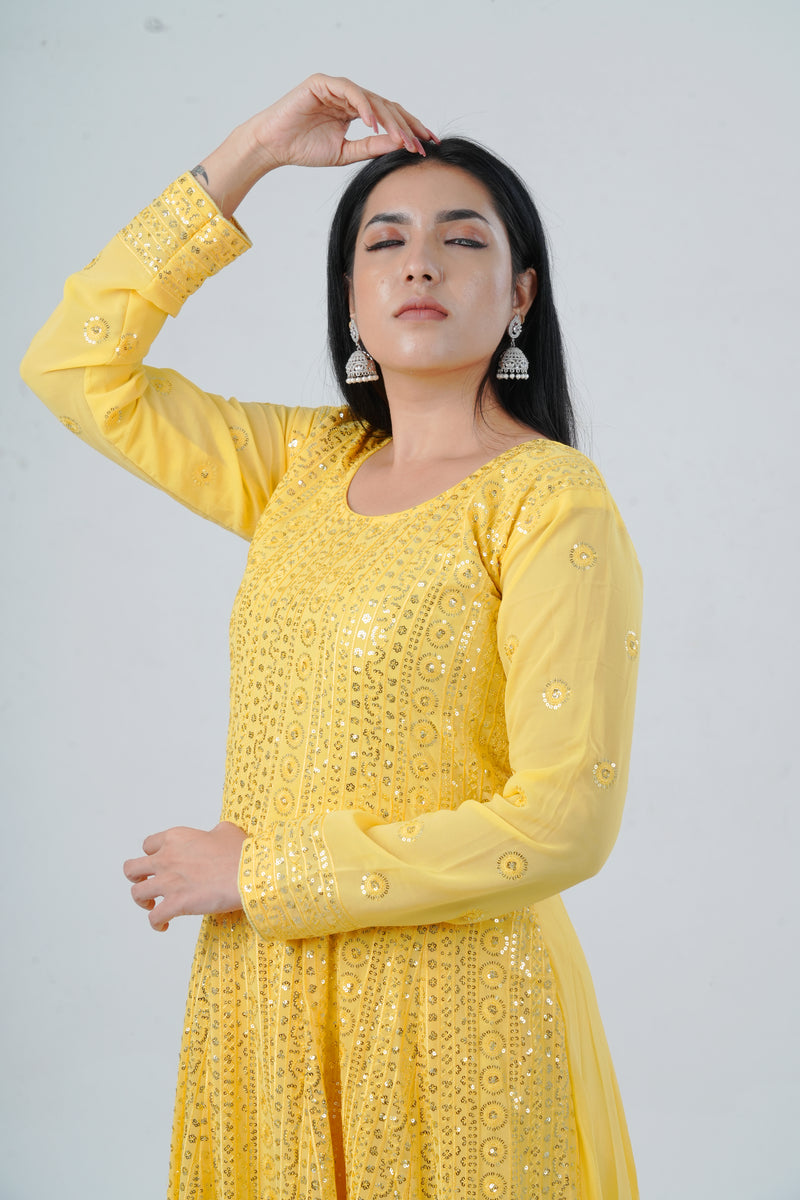 Chic Georgette Long Gown with Sequin Embellishments in Yellow