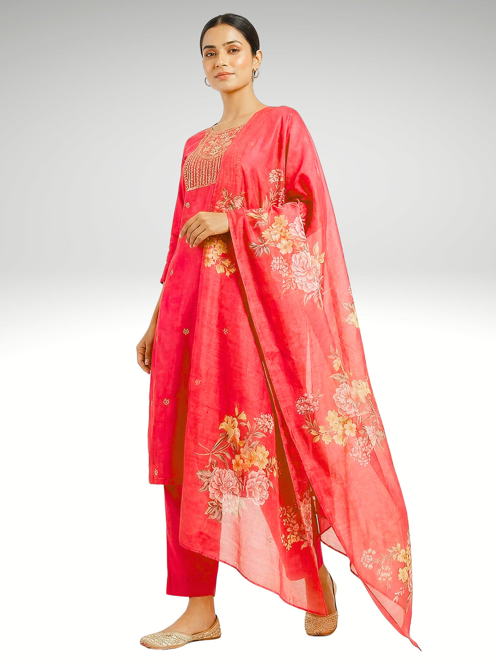 Dark Pink Roman Silk 3 Piece Set with Embroidery - AI Model Photo 1