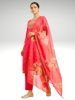 Dark Pink Roman Silk 3 Piece Set with Embroidery