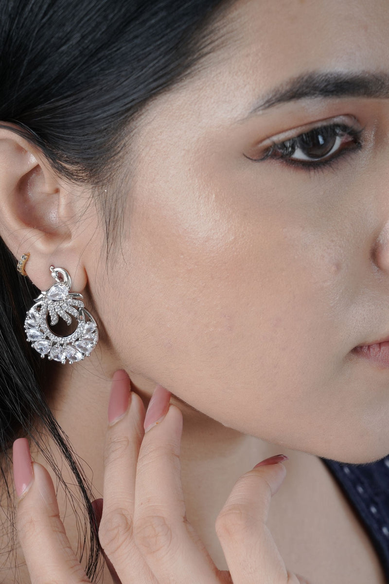 Exquisite Silver Polish Designer Earrings with Radiant White Stone